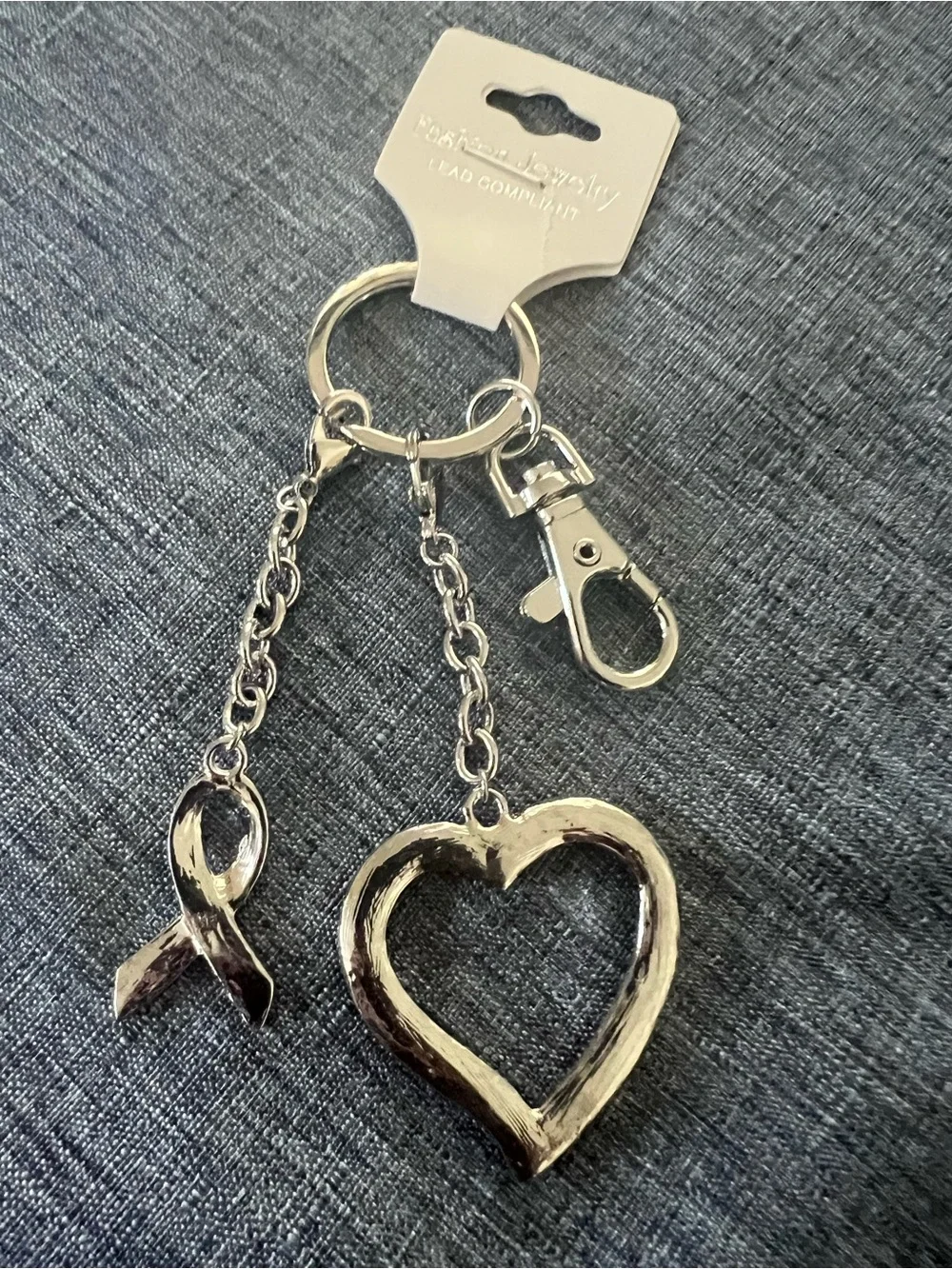 Fashion Jewelry Pink Ribbon & Pink Rhinestone Heart Charm Keyring
